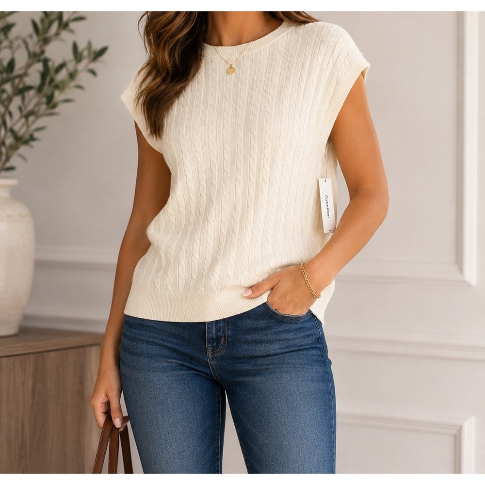 Calvin Klein Womens XL Ivory Cable Knit Sweater Top Cap Sleeve NWT